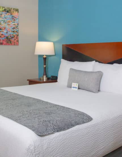 A neatly made bed with white linens and a gray throw blanket, flanked by bedside tables, a lamp, and a colorful wall painting above.