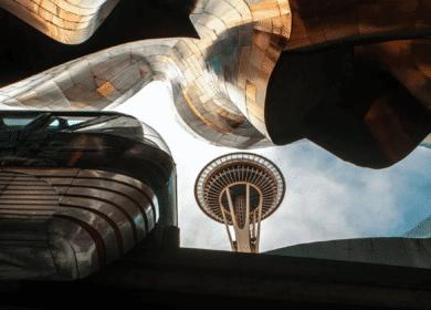 View of the Space Needle framed by the abstract, metallic curves of the Museum of Pop Culture building in Seattle, seen from below.