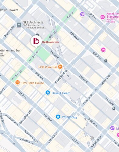 Map showing the Belltown Inn location in Seattle’s Belltown neighborhood, with nearby hotels, restaurants, and landmarks marked by icons.