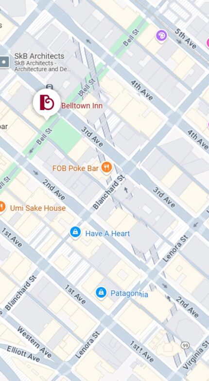 Map showing the Belltown Inn location in Seattle’s Belltown neighborhood, with nearby hotels, restaurants, and landmarks marked by icons.