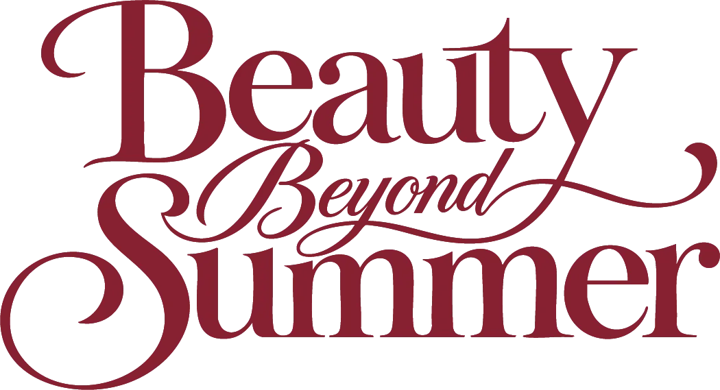 Burgundy calligraphic "Beauty Beyond Summer" logo on white, elegant script promoting seasonal hotel offers and spa packages